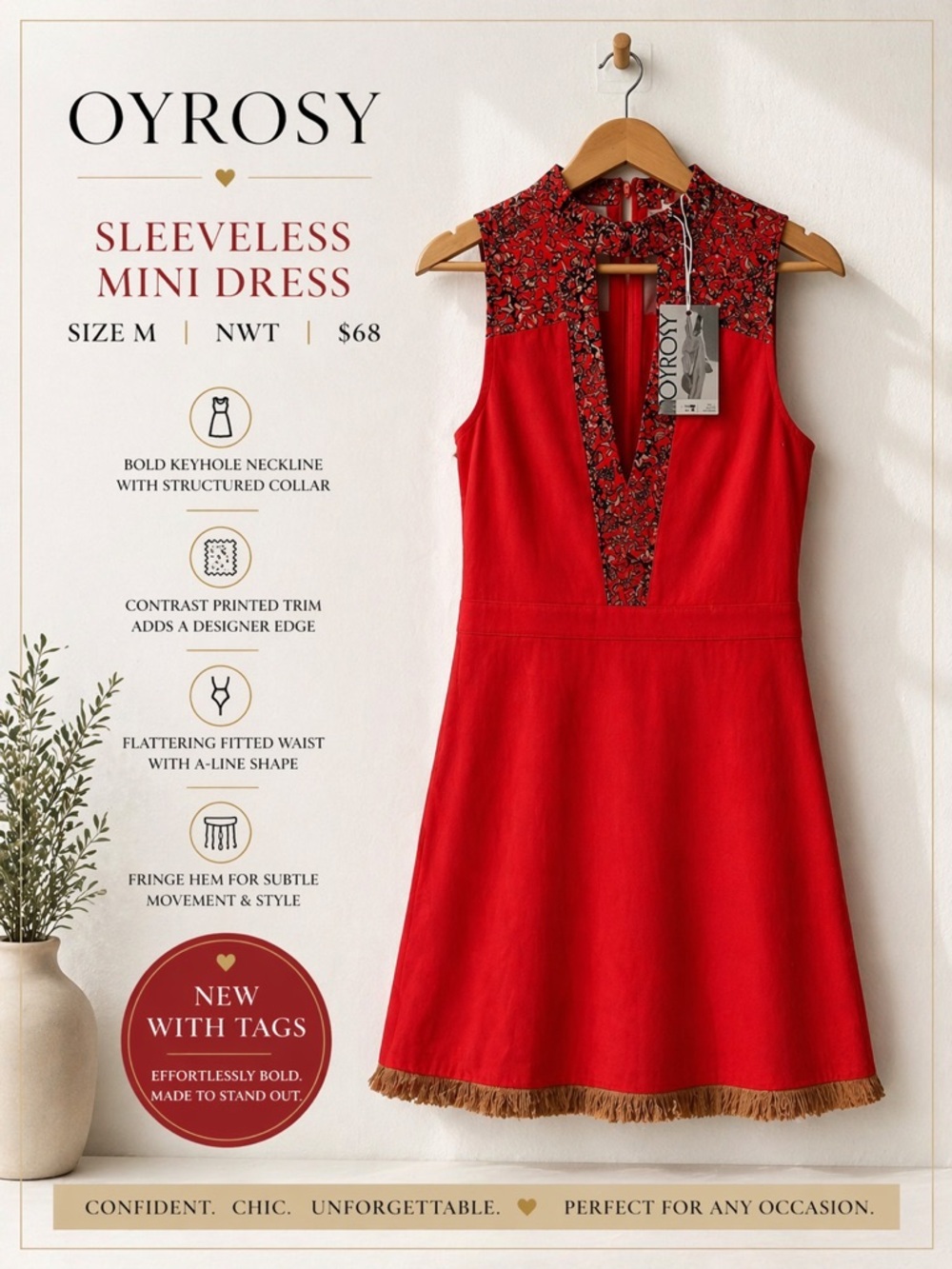 Oyrosy Sleeveless Red Mini Dress Keyhole Neck Fringe Hem Size M NWT